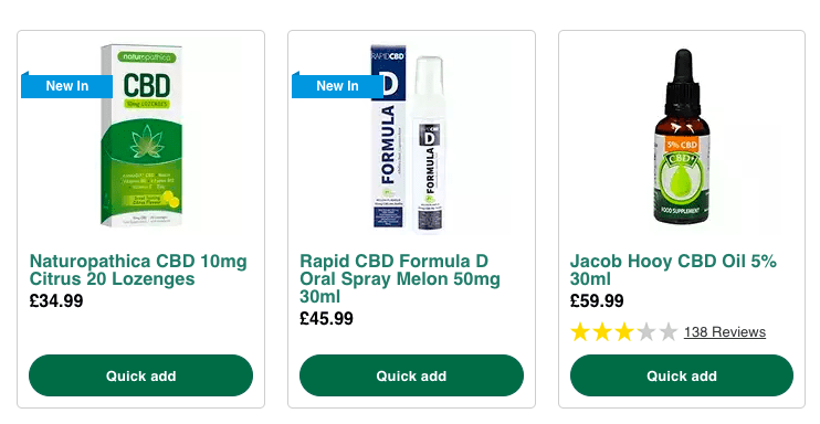 A screenshot taken of just a few of the CBD products available on Holland & Barrett’s website.